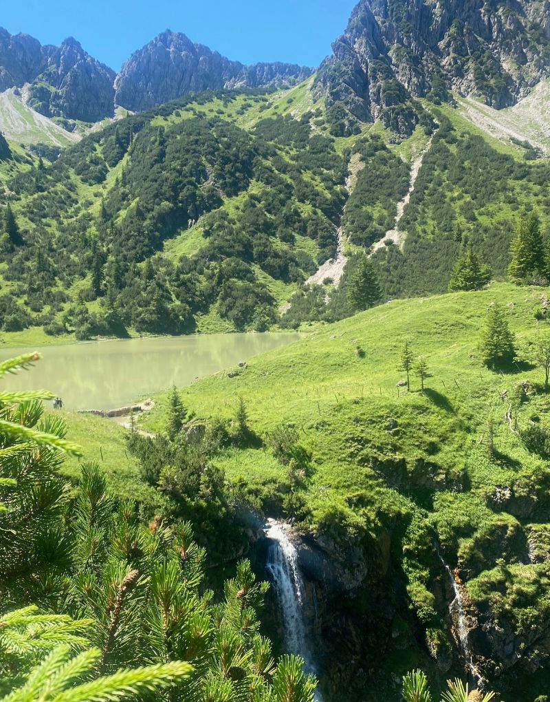 Auszeit im Allgäu, hier: Berglandschaft mit Tannen, Bewaldung, im Hintergrund grüne Gipelszenerie und blauer Himmel, im Vordergrund Wasserfall, in der Mitte Bergauen